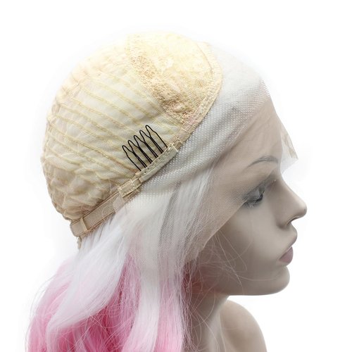 Aurssa Long Wavy Ombre Pink Synthetic Lace Front Wig Half Hand Tied Heat Resistant Fiber Hair Cosplay Wig