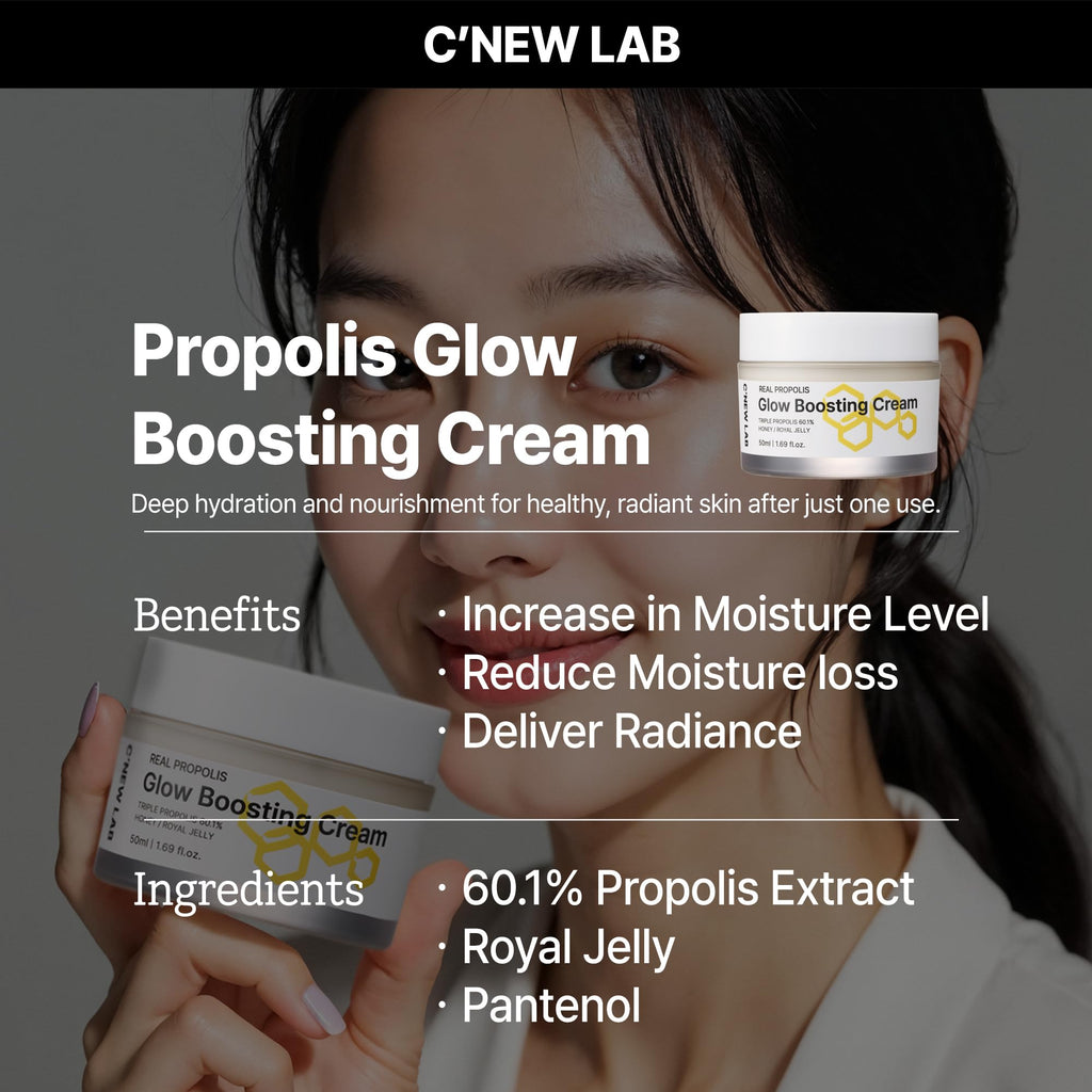 C’NEW LAB Real Propolis Glow Boosting Cream 50ml (1.69 fl. oz.) | Deep Nourishing Facial Cream for Radiant Skin | Propolis Extract, Panthenol, Allantoin, Sun Flower Seed, Korean Skin Care