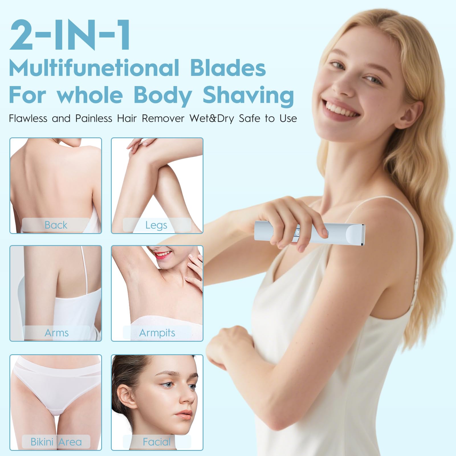 Bikini Trimmer for Women | 2-in-1 Painless Electric Razor & Hair Removal Device | IPX7 Waterproof Shaver for Pubic, Face, Legs, Underarms | Cordless Rechargeable Electric Shaver for Women & Men