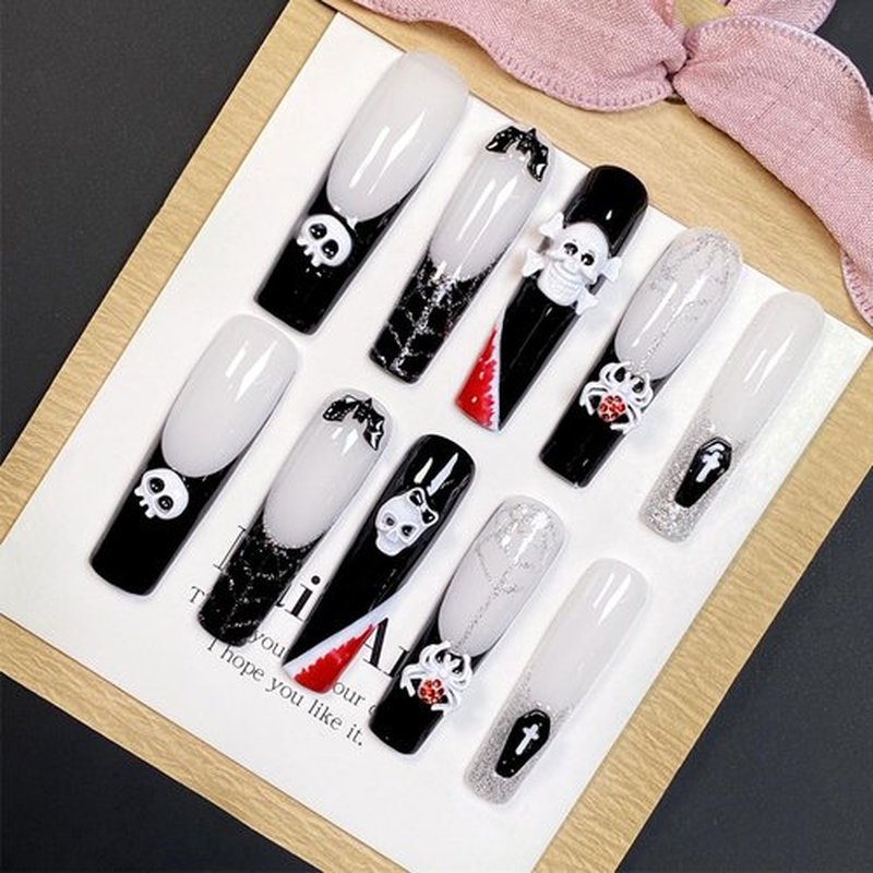 Extra Long Square Handmade Nails with Glue,Goth Press on Nails Halloween False Nails with Skull Charms Acrylic Full Cover Reusable Nails Muti-Layer Gel Nail Press ons for Women (Size S)