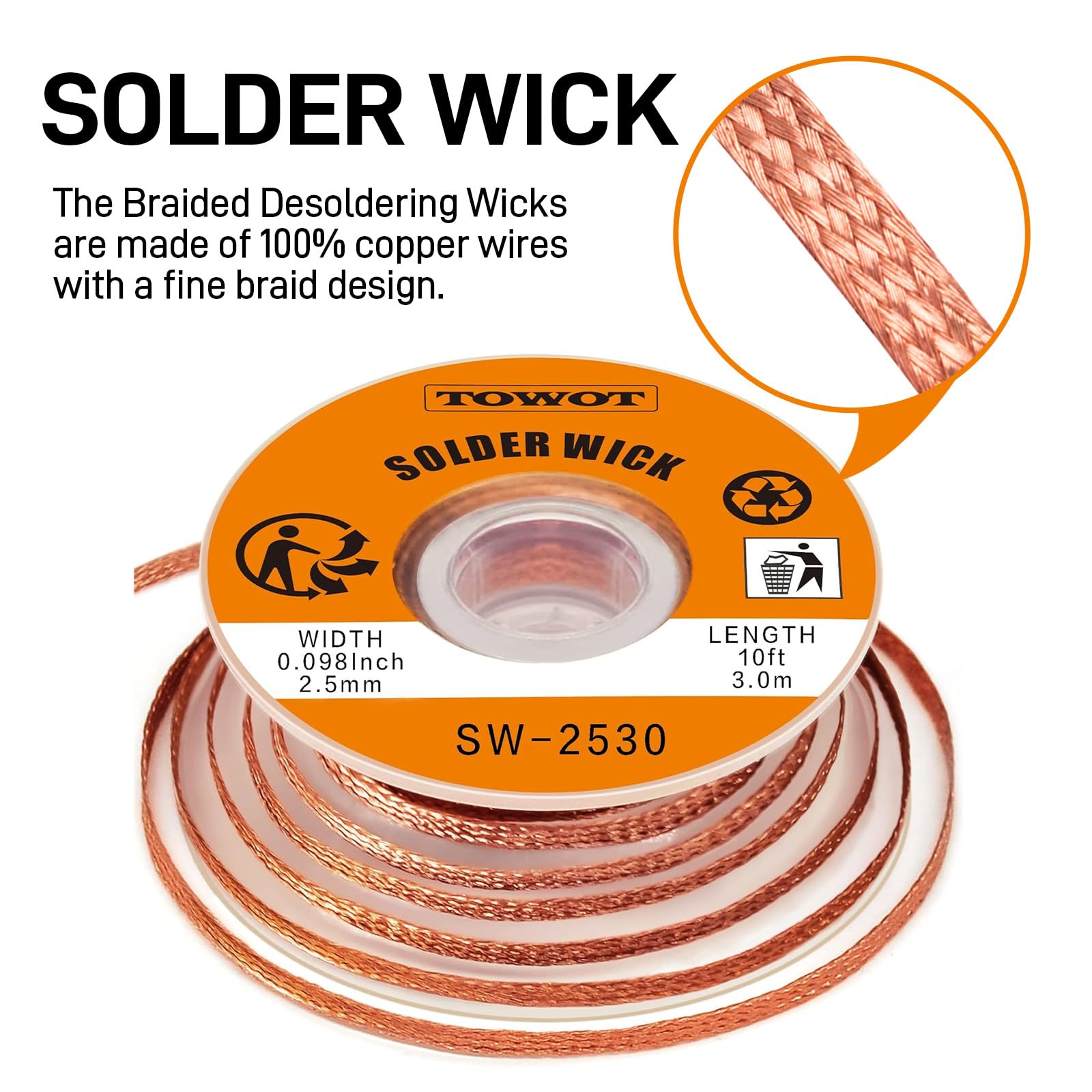 TOWOT 10ft Solder Wick Braid & No-Clean Soldering Flux Paste (10cc) - Desoldering Kit for Electronics Repair, PCB, Circuit Board Rework