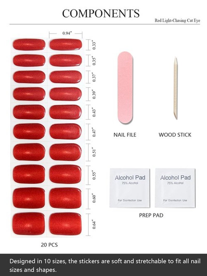 AutyaMee Semi Cured Gel Nail Strips (Red Light-Chasing Cat Eye), 20 Pcs Gel Nail Wraps, Stickers, Works with Any UV Lamps