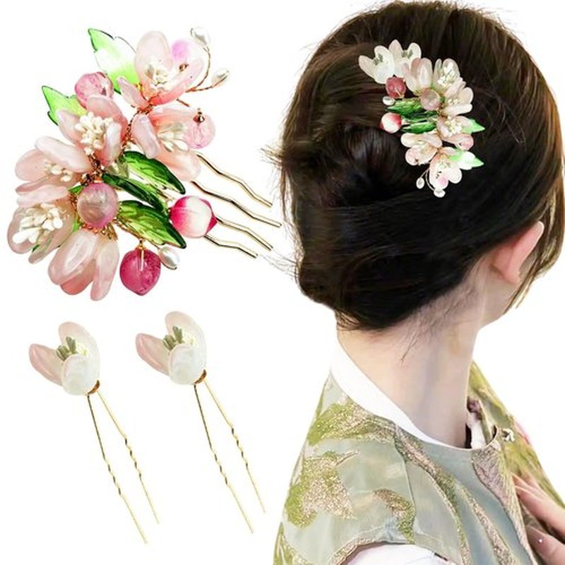 3PCS Handcrafted Cherry Blossom Hair Pins, Pink Floral Wedding Hair Accessories with Pearls, Traditional Chinese Style