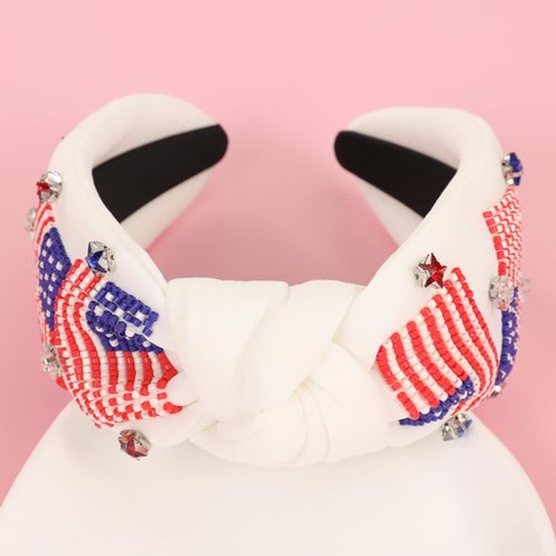 Gmmidea American Flag Knotted Headband 4th of July USA Flag Accessories Beaded Rhinestone Star Headband 4th of July Outfits for Women Girls Sparkle Patriotic Party Favors