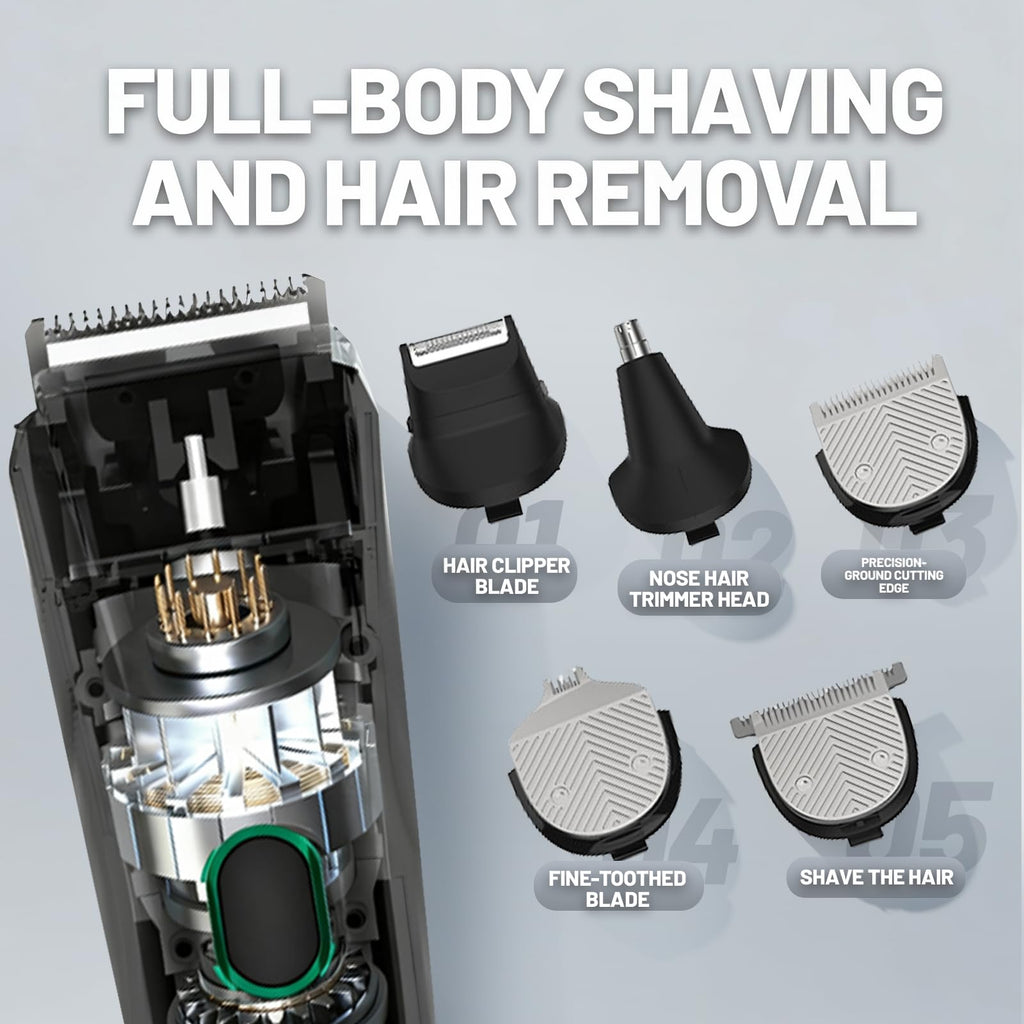 Nizzarra Hair and Beard Trimmer, 5 in 1 Men's Grooming Kit, Electric Hair Clipper Body Shaver for Ear, Nose, Face, Groin with 5 Guards Combs & Charging Stand