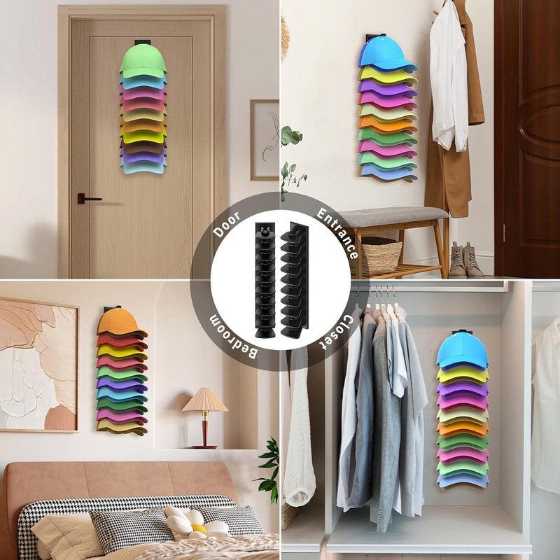 Volnamal Hat Organizer - 2 Pack Baseball Cap Rack for Wall | Holds Up to 40 Hats, Strong Adhesive Storage (Black)