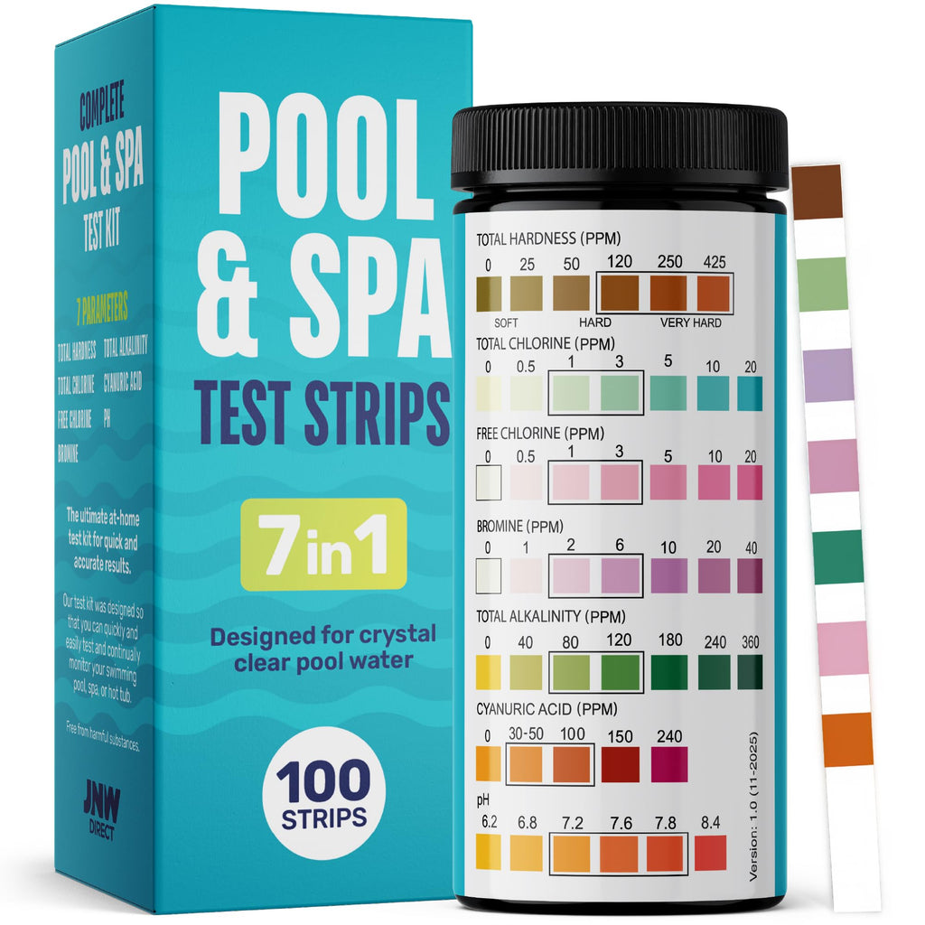 JNW 7-in-1 Pool Test Strips, 100 Quick & Accurate Test Strips for Pool Water, Spa Test Strips for Hot Tub, Chlorine Test Strips, Bromine, pH, Alkalinity, Hardness & More - Swimming Pool Test Kit