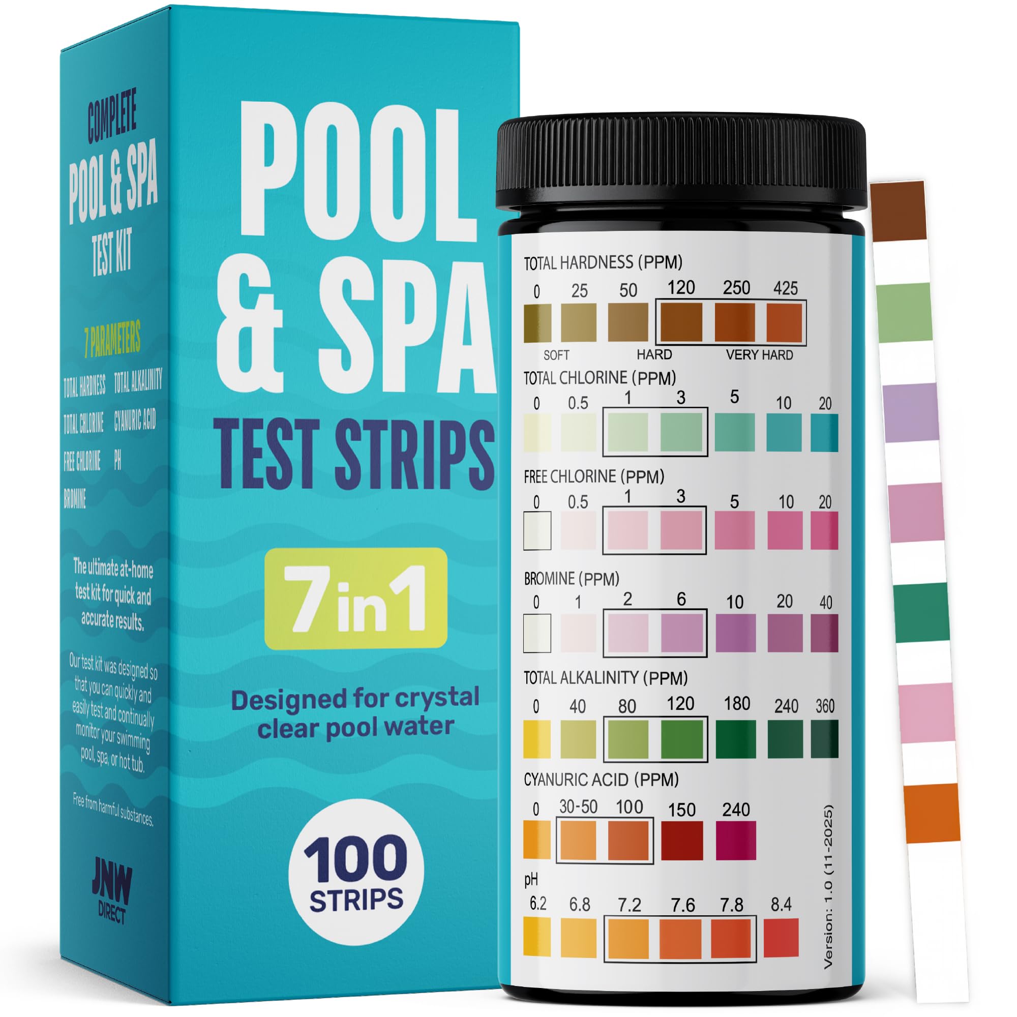 JNW 7-in-1 Pool Test Strips, 100 Quick & Accurate Test Strips for Pool Water, Spa Test Strips for Hot Tub, Chlorine Test Strips, Bromine, pH, Alkalinity, Hardness & More - Swimming Pool Test Kit