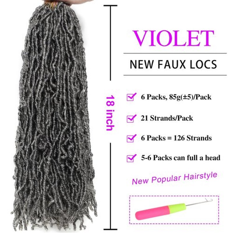 18 Inch Pre-twisted Faux Locs Crochet Hair 6 Packs Soft Locs Crochet Hair Gray Crochet Hair for Black Women Crochet Braids Hair Extensions (18Inch, 6Packs, Gray)