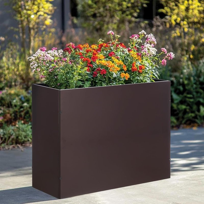 BAYN Metal Rectangular Planter Box - Modern Heavy-Duty Outdoor Planter with Drainage Holes | Brown, 32” x 12” x 24”