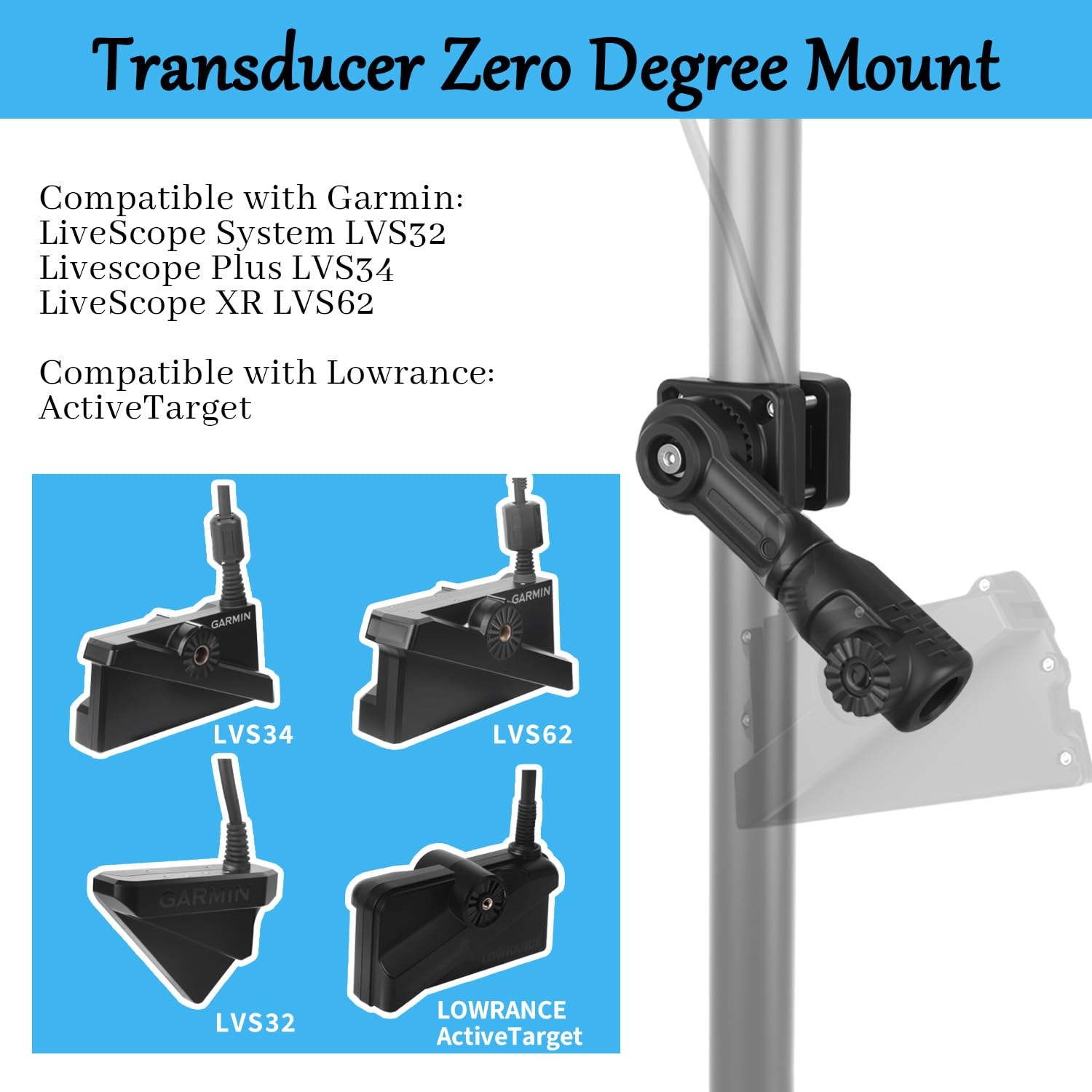 VINmounts Aluminum 0 Degree Mount Compatible with LVS34/LVS32/LVS62/Active Target,Tool-Free Adjustable Perspective Mode Transducer Mount