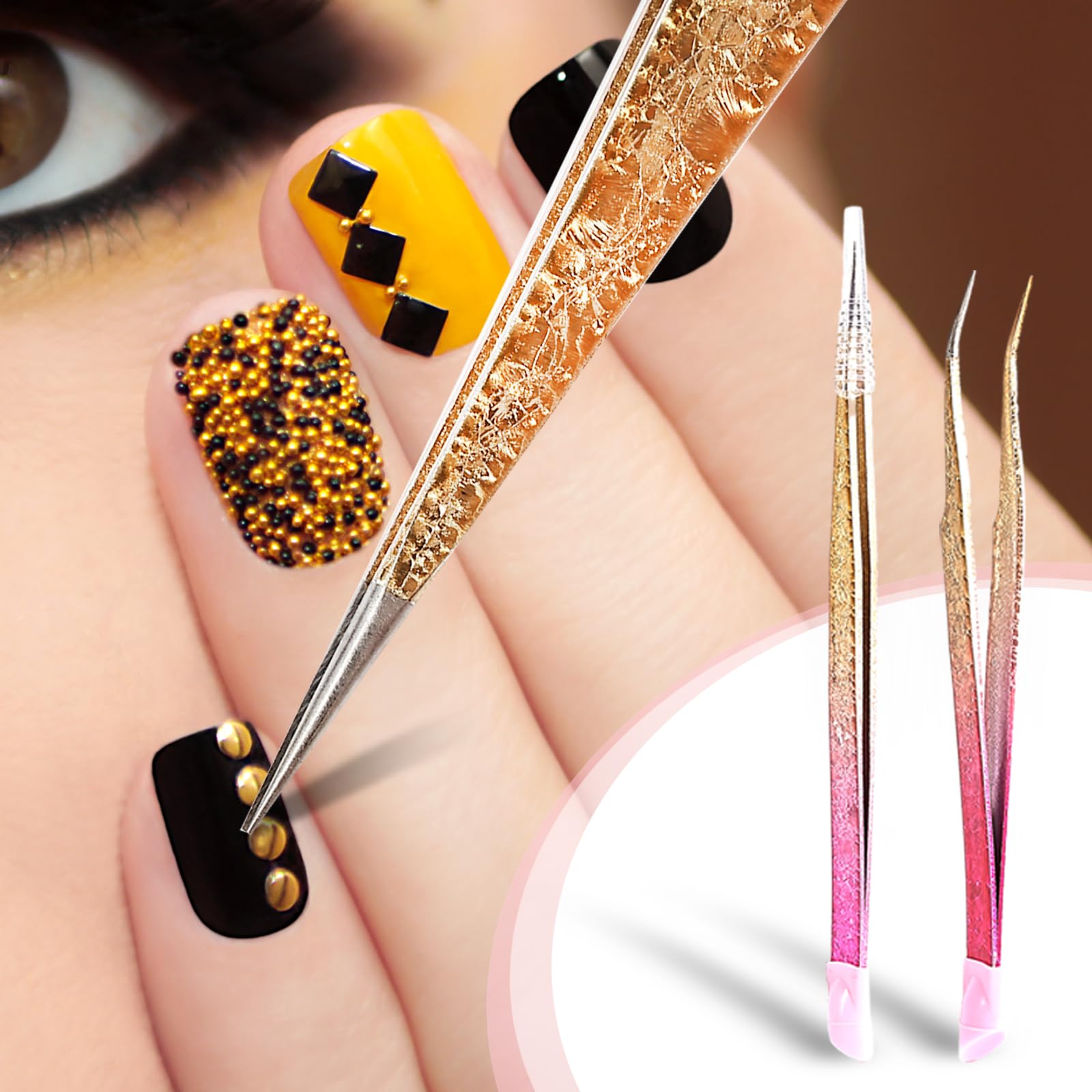 Ouligay 2Pcs Double Ended Nail Art Tweezers Stainless Steel Tweezer Straight Curved Tip Tweezers with Silicone Pressing Head for Nail Crafts Rhinestone Stickers Jewel Gem Picker Tool