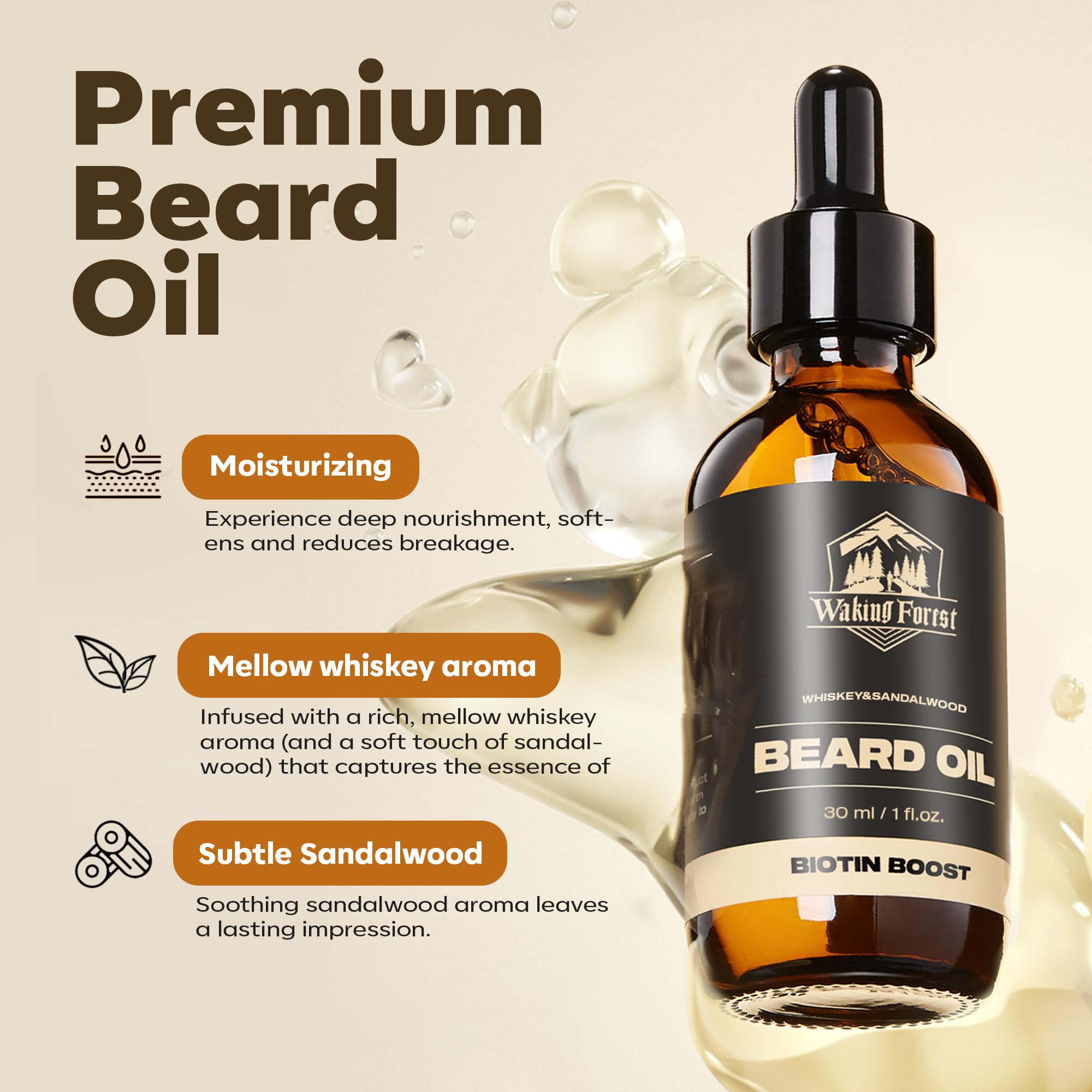 Waking Forest Sandalwood & Whiskey Beard Oil for Men - Biotin Mustache Oil with Vitamin E, Rosemary & Castor - Beard Care Softener, Strengthens, and Moisturizes - Beard Conditioner (1 oz)