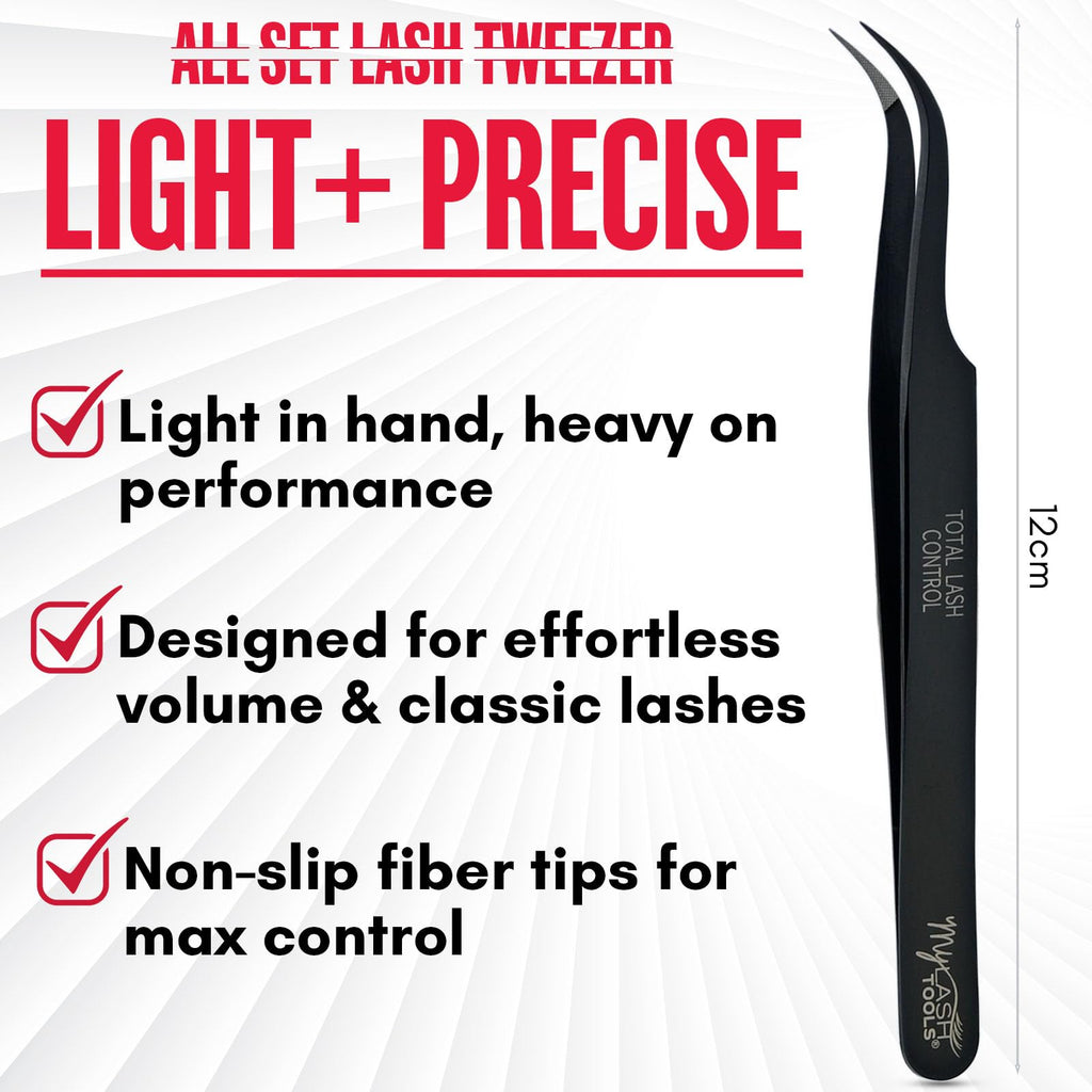 My Lash Tools Total Lash Control Curved Classic Fiber Tip Lash Tweezer – Precision Eyelash Extension Tweezer, Professional Stainless Steel, Volume & Classic Lashes (Black)