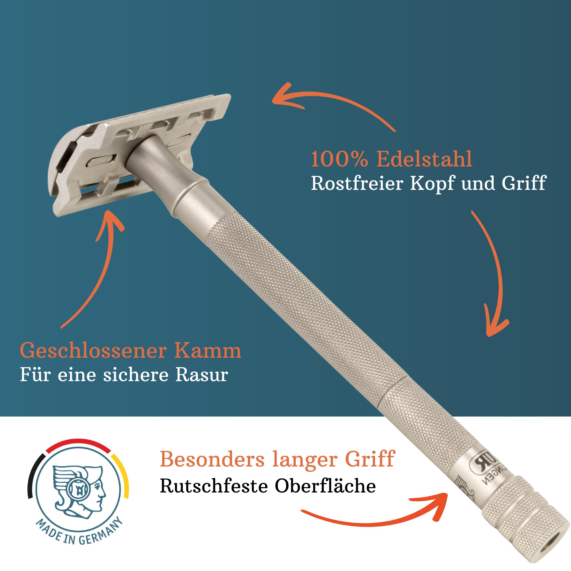 MERKUR 24 INOX Stainless Steel Safety Razor For Women with 10 Double Edge Blades | Extra Long Handle | Three-piece Razor | Straight Cut | Satin Matt Finish | Made in Germany