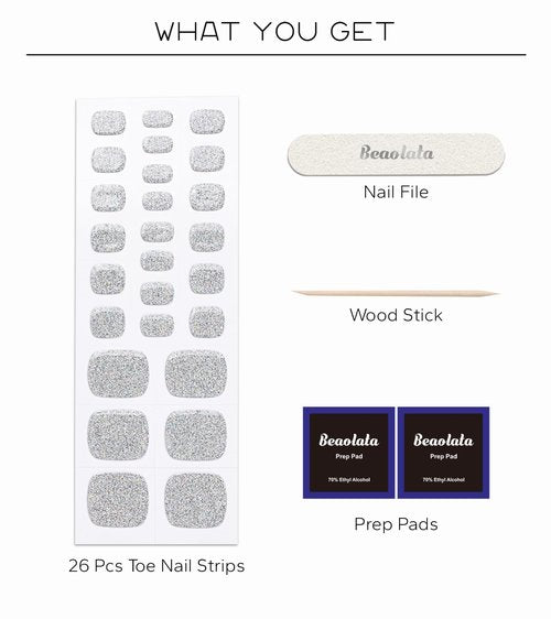 Beaolata Semi Cured Gel Nail Strips - 26 PCS Salon Quality Toe Gel Nail Stickers for All UV Light - Longlasting & Easy Remove Toe Wraps Art Kit for Women (Starry Silver)
