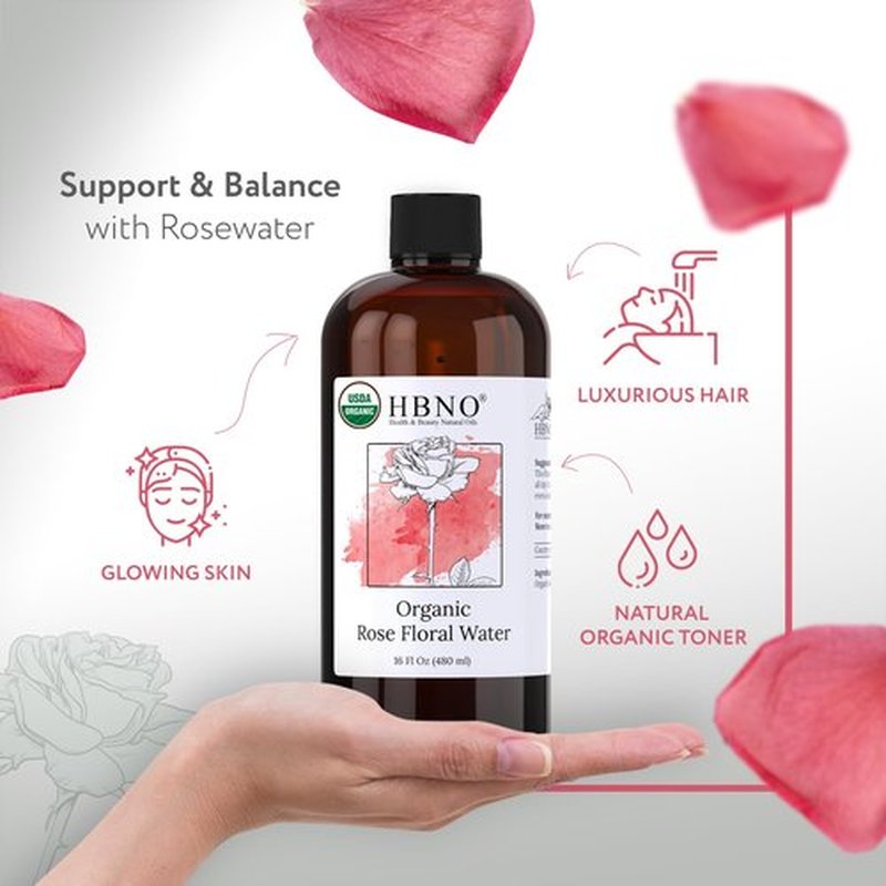HBNO California Bottled Organic Rose Water for Face Huge 16 fl oz (480ml) Value Size - USDA Certified for Face - Pure Rose Water for Hair - Rosewater for Skincare, Haircare