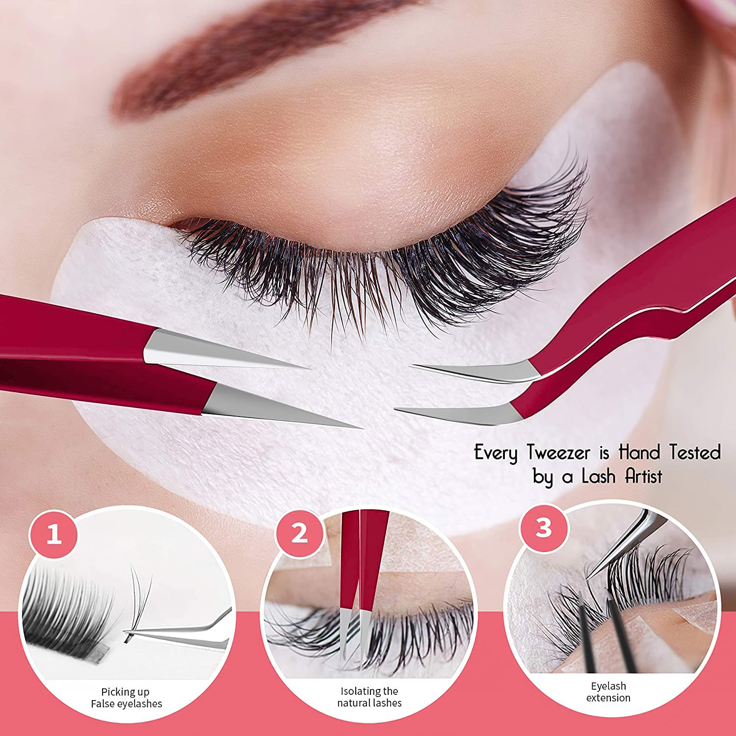 SIVOTE Eyelash Extension Tweezers for Classic & Volume Lashes, 2-Pack, Red