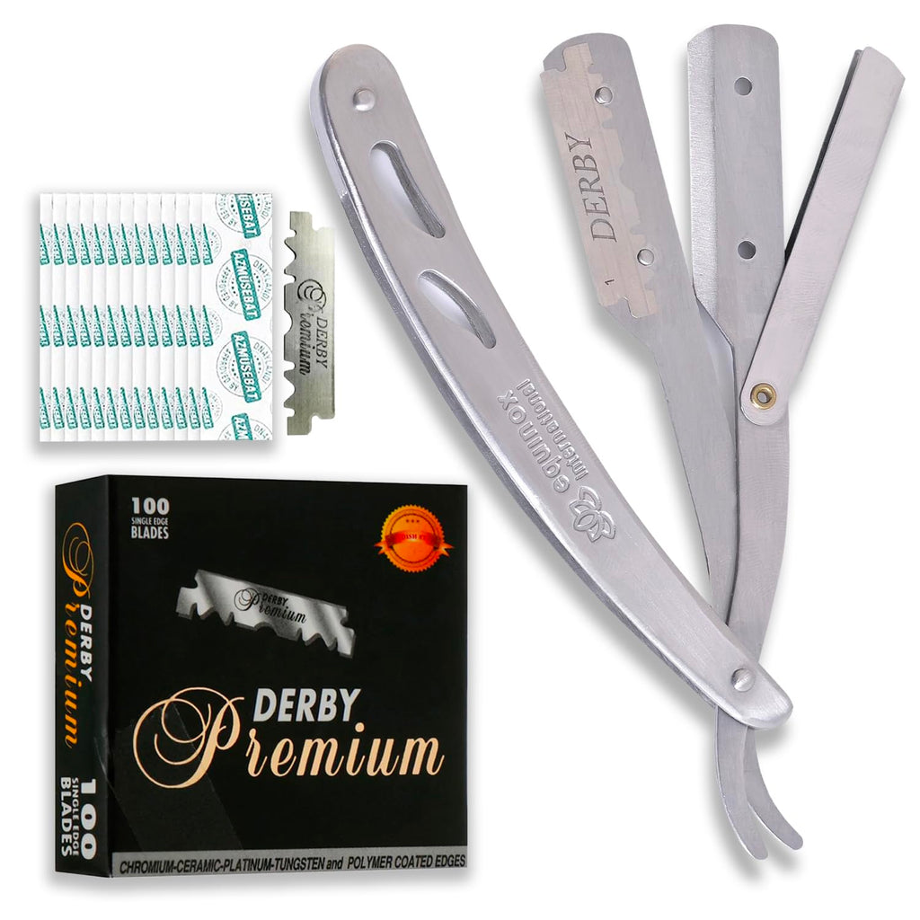 Equinox Straight Edge Razor - Includes 100 Single Derby Blades - Professional Manual Shaver - Stainless Straight Razor Steel - Ideal for Close Shaving - Stainless Straight Razor