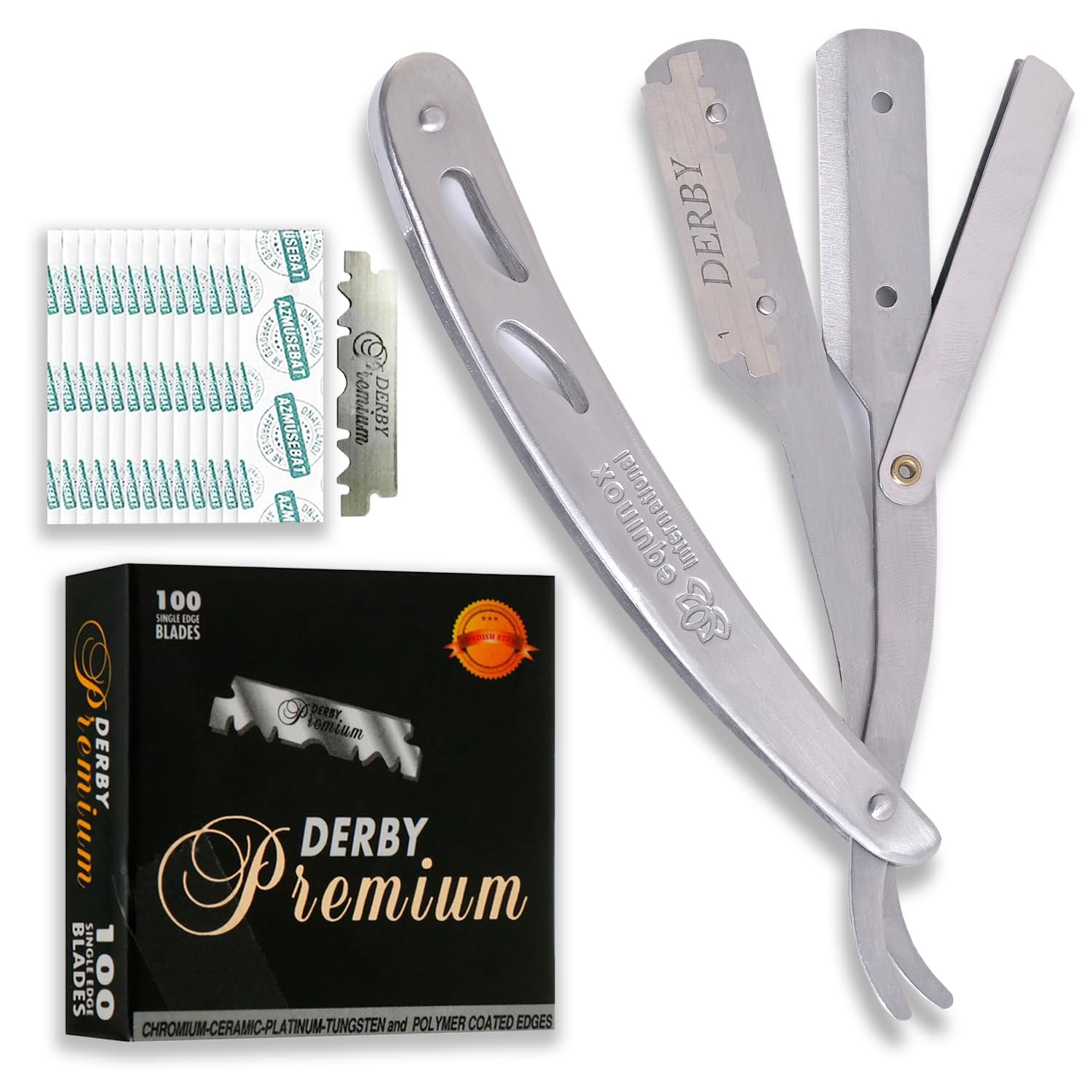 Equinox Straight Edge Razor - Includes 100 Single Derby Blades - Professional Manual Shaver - Stainless Straight Razor Steel - Ideal for Close Shaving - Stainless Straight Razor