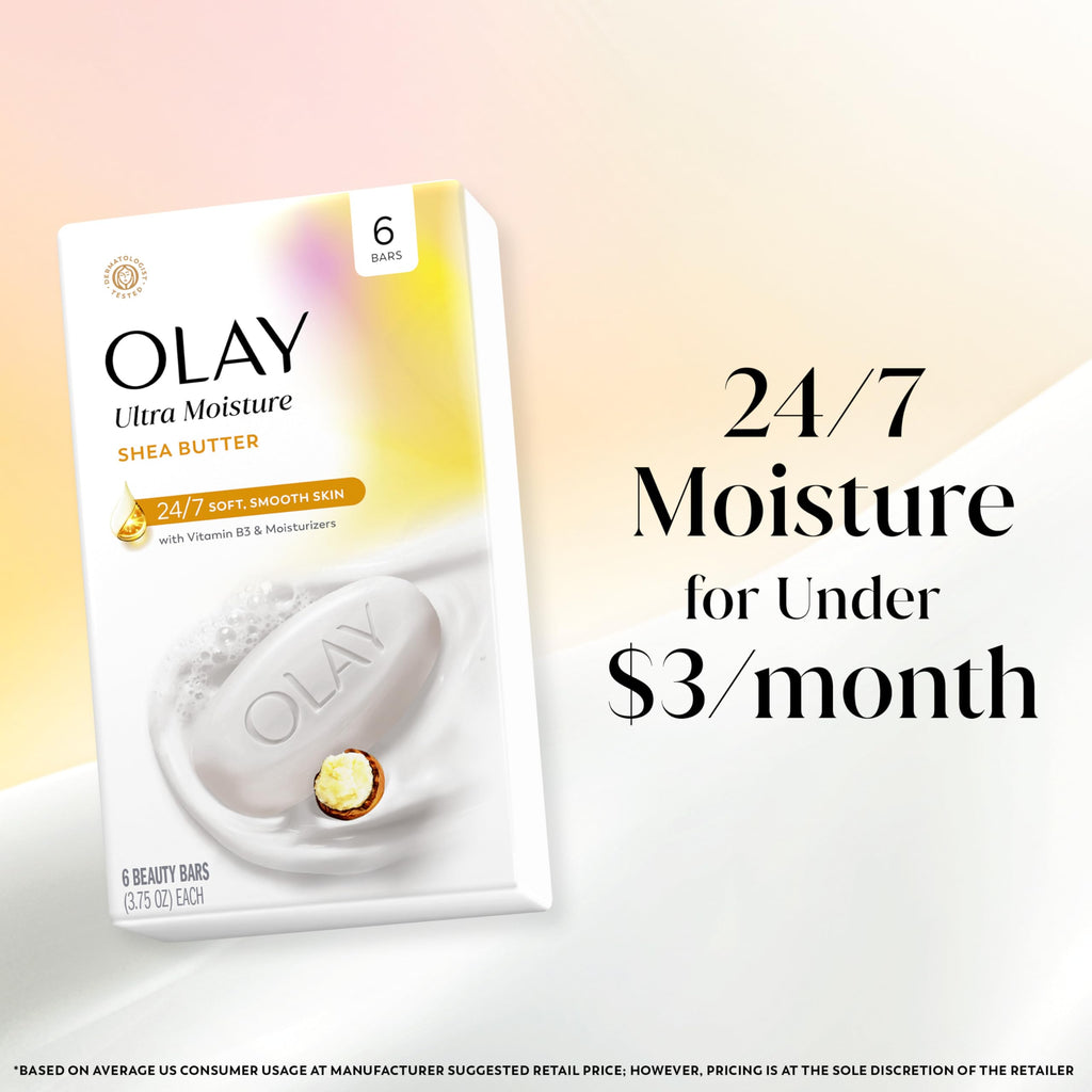Olay Beauty Bar, Ultra Moisture,10x More Moisturizers, 24/7 Soft & Smooth Skin, Gentle Cleanse on Face & Body, Vitamin B3 Complex, For All Skin Types, Shea Butter Scent, 3.75 oz, (Pack of 6)