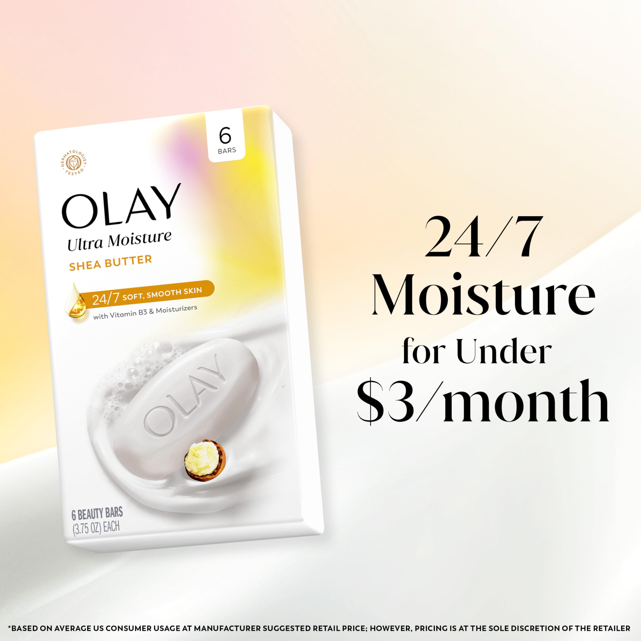 Olay Beauty Bar, Ultra Moisture,10x More Moisturizers, 24/7 Soft & Smooth Skin, Gentle Cleanse on Face & Body, Vitamin B3 Complex, For All Skin Types, Shea Butter Scent, 3.75 oz, (Pack of 6)