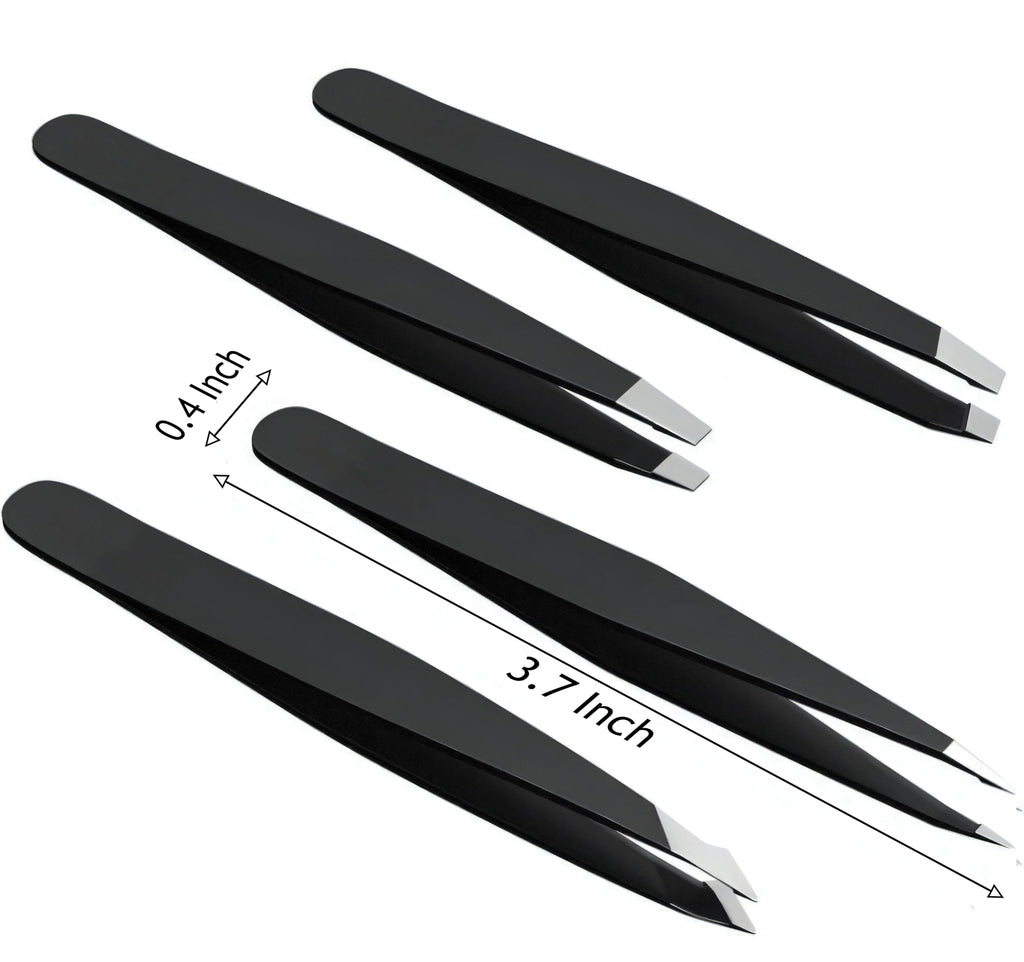 4-Piece Tweezers Set for Eyebrows & Facial Hair, Black Travel Case