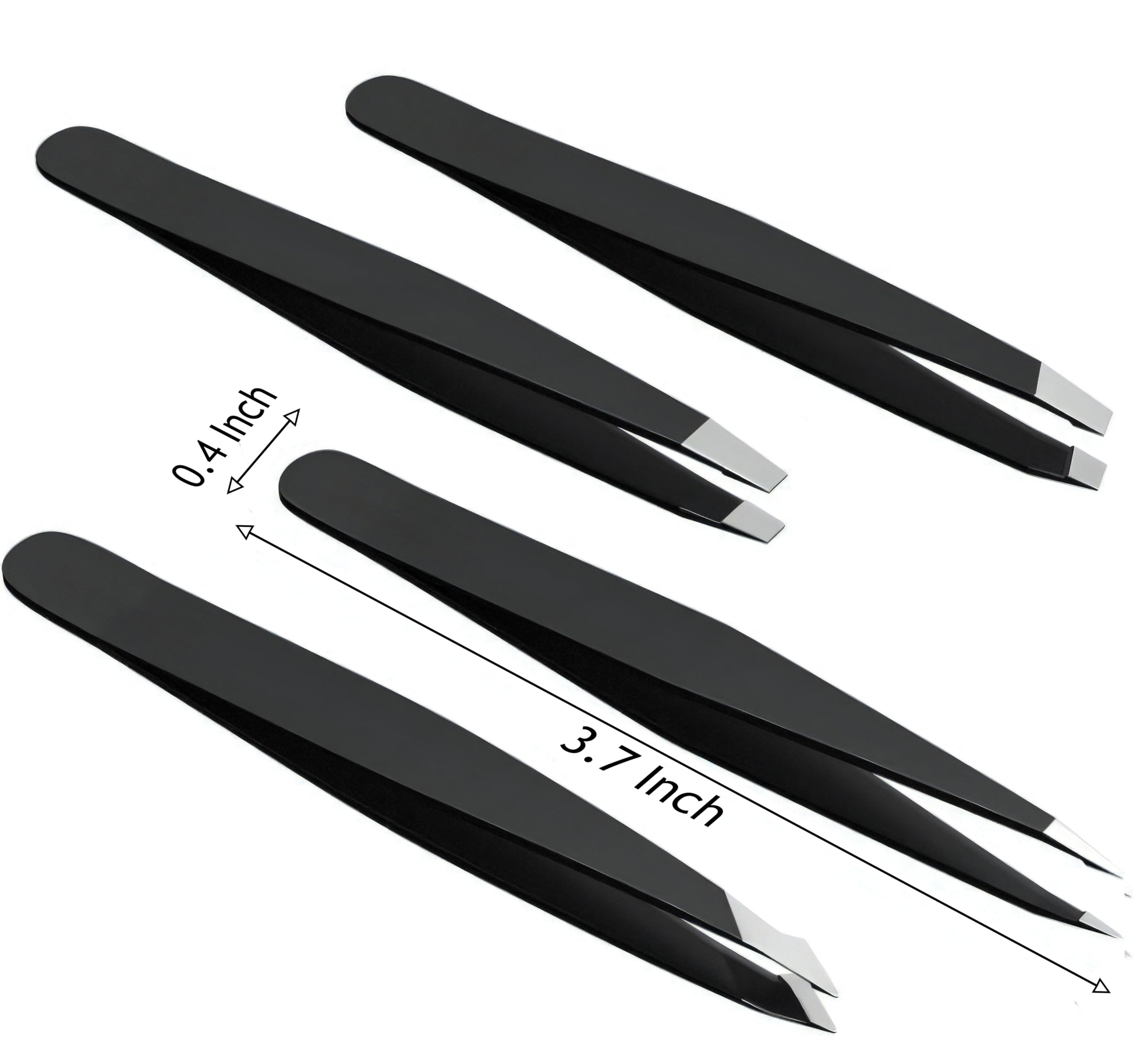 4-Piece Tweezers Set for Eyebrows & Facial Hair, Black Travel Case