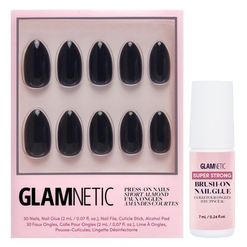 Glamnetic Press On Nails & Brush On Nail Glue Bundle - Boba | Opaque Black Short Almond Nails, Reusable | 12 Sizes - 24 Nail Kit