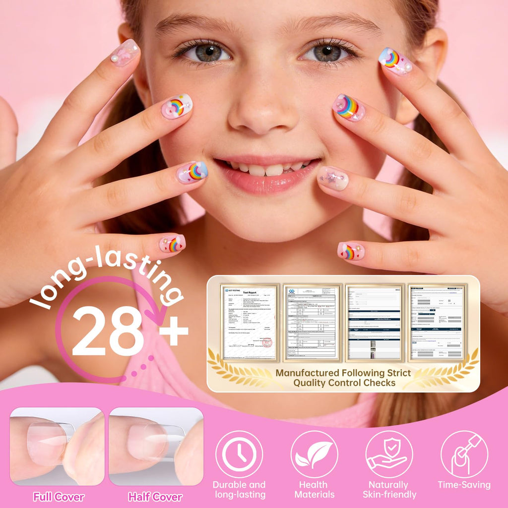 krofaue Short Suqare Kids False Nails - Full Cover Press on Nails for Girls