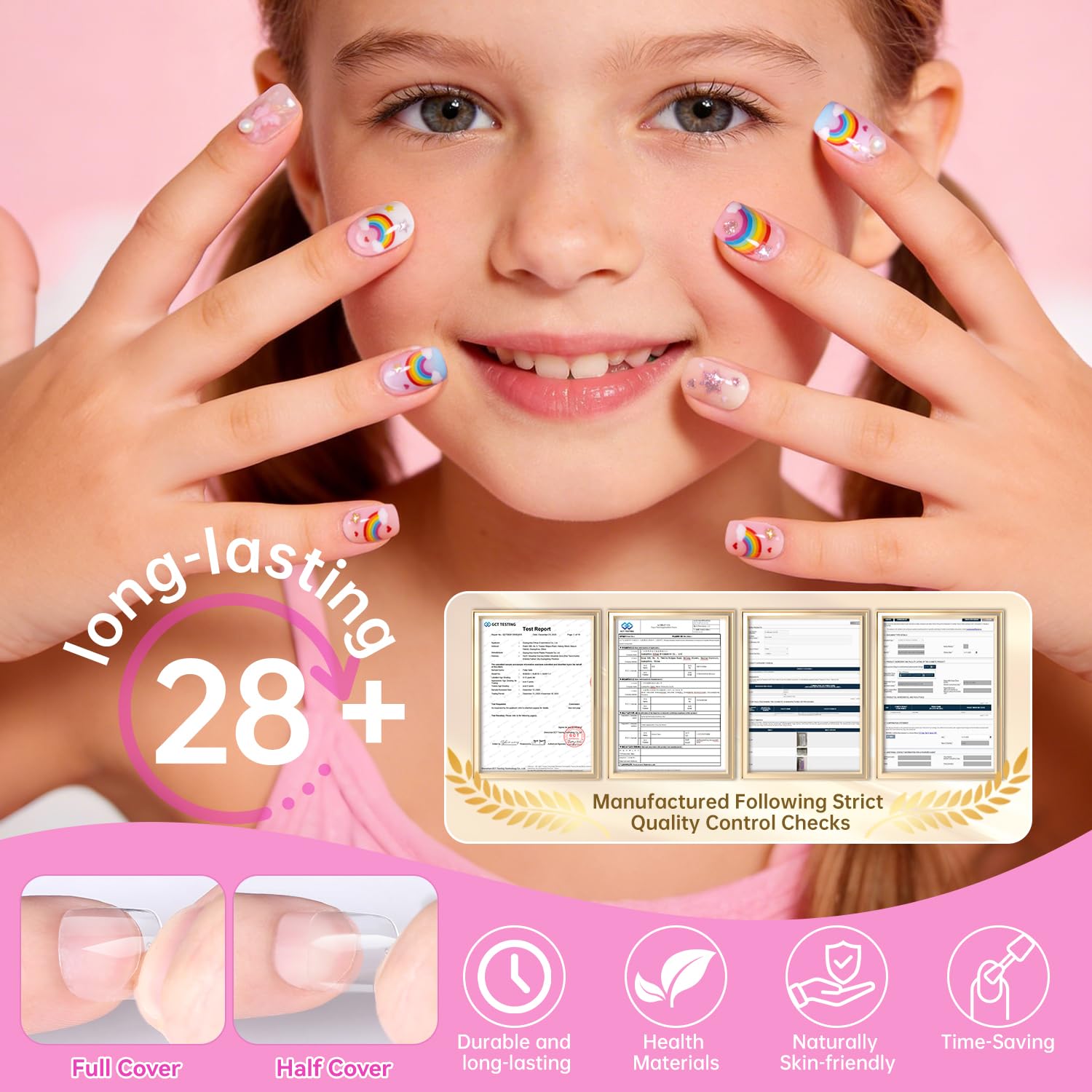 krofaue Short Suqare Kids False Nails - Full Cover Press on Nails for Girls