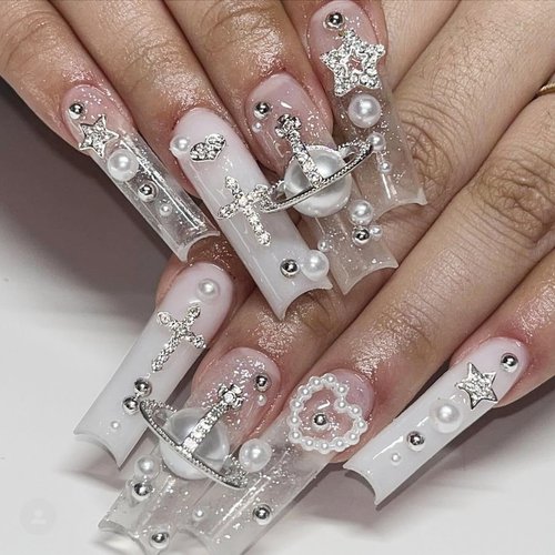 TemBelle 165PCS Silver Nail Charms Bulk Set with Star, Planet, Cross & More; 165 Count; Metal Alloy with Rhinestones; Mix Shape; Nail Art Accessories