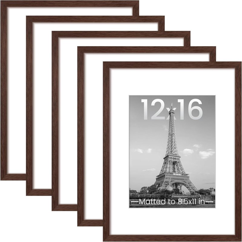 Upsimples 12x16 Picture Frame Set of 5 - Versatile Wall Gallery Frames for 8.5x11 or 12x16 Photos, Brown
