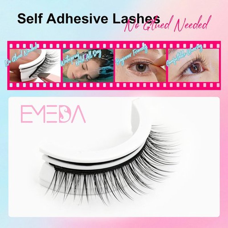 EMEDA Self Adhesive Eyelashes Natural Look No Glue Eyelashes 10mm Pre glued Waterproof Glueless No Glue Needed Reusable Stick on False Strip Lashes Easy for Beginner(L08 with Tweezers)