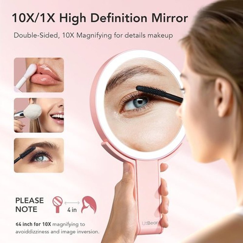 LitBear Travel Makeup Mirror - Rechargeable Double-Sided 10X/1X Magnifying Mirror | Dimmable Touch Screen, Pink