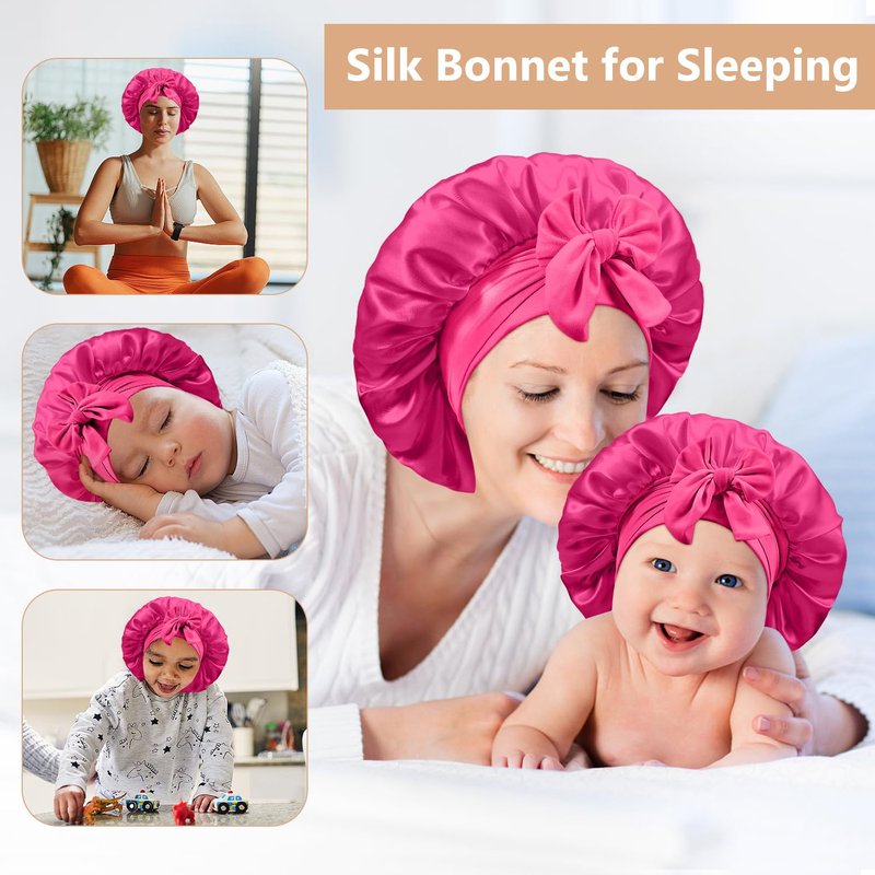 UHBYJM 2 PCS Mommy and Me Bonnet Set, Silk and Satin Bonnets for Sleeping with Elastic Tie Band, Adjustable Hair Bonnets for Women, Girls, Kids and Toddlers (Rose Red)