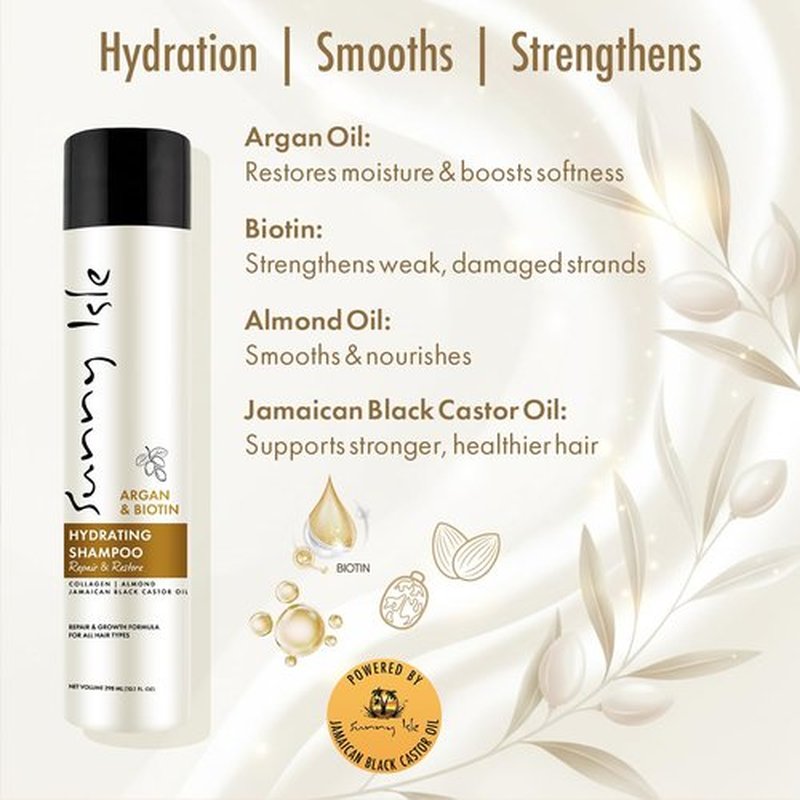 Sunny Isle Argan and Biotin Hydrating Shampoo - Collagen, Almond, Castor Oil, Moisturizing - 10.1 oz