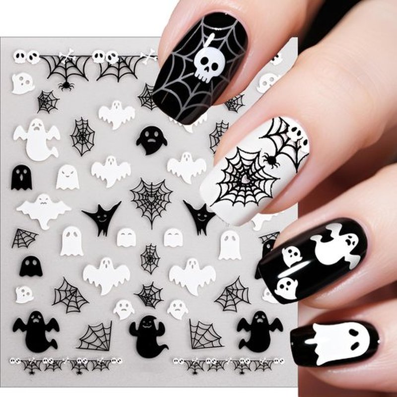6 Sheets Halloween Nail Stickers – Black & White Holographic Gothic Ghost Skull Spider Web Nail Art Decals, Self-Adhesive Halloween Cute Manicure Decorations for Women Girls DIY Nail Art