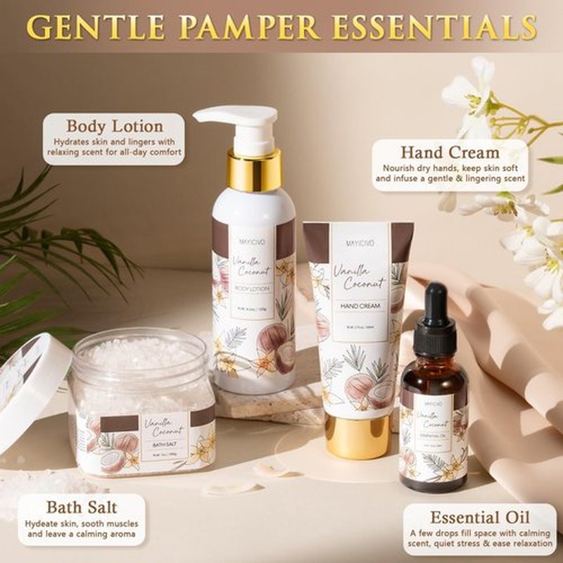 Birthday Gifts for Women, Vanilla Coconut Relaxing Spa Gift Baskets for Women Self Care Package Bath Gift Set, Home Bath and Body Kit Pamper Easter Gifts for Womens Her Mom Friends Sister Wife