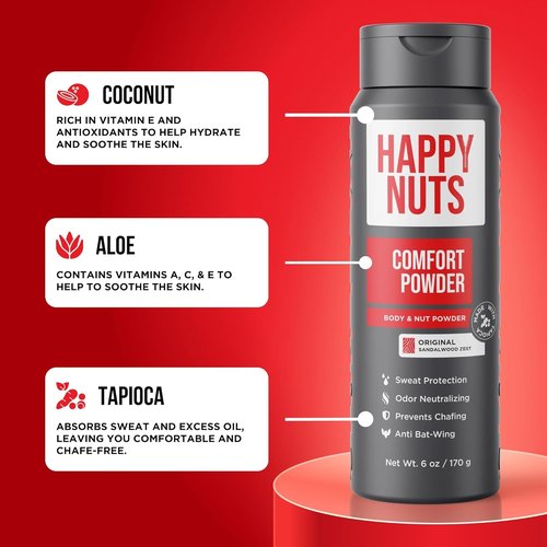 HAPPY NUTS Comfort Powder Deodorant for Men - Anti-Chafing & Odor Control, Aluminum-Free, 6 oz