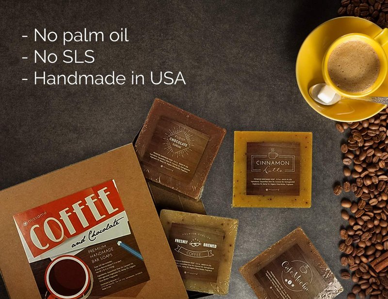 Missamé Handmade Bar Soap Gift Set, Coffee And Chocolate Scented, 4 Full Sized Bars 5.0 oz Each, Saponified Olive Oil Base With Organic Shea Butter, Best For All Skin Types
