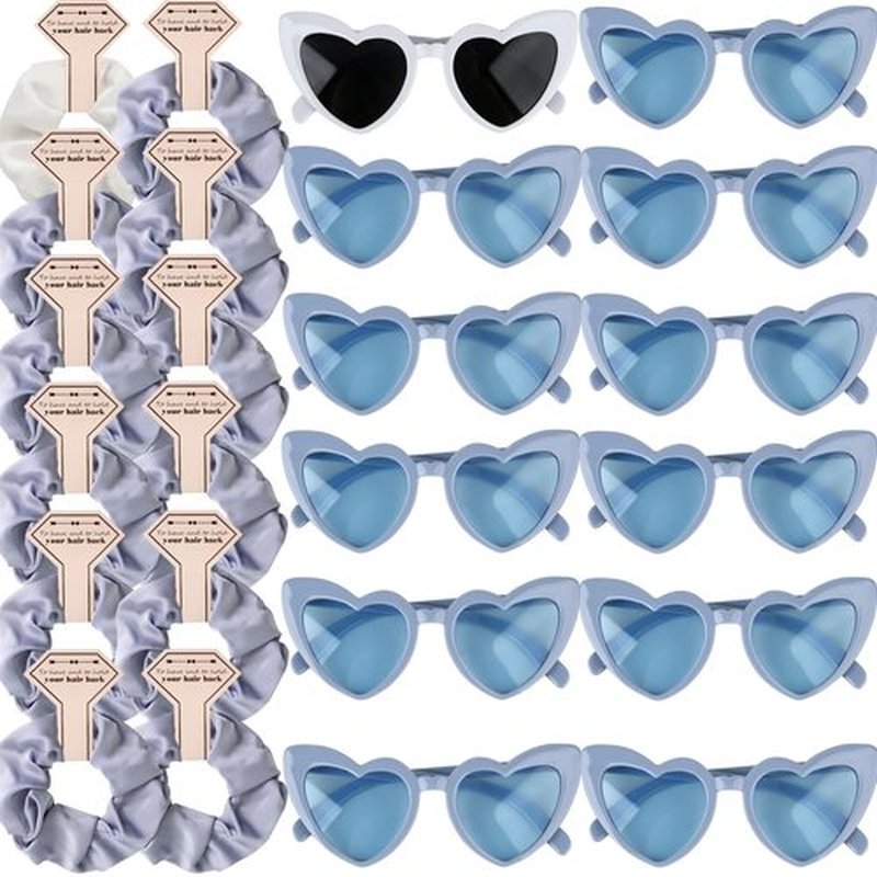 Clcnsusilk Satin Bridesmaid Proposal Gifts Scrunchies Bachelorette HairTies Set of 12 sunglasses Bridal Shower No Damage Hair ties ideas Gift for Wedding Party Favors (12pcs White&Dusty Blue)