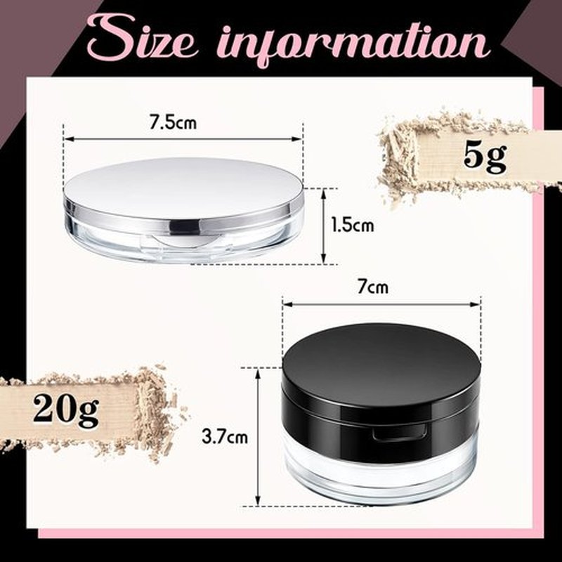 Cunhill Loose Powder Container Set - 2 Reusable Plastic Cases with Puff & Mirror | 0.17/0.7 oz (Silver, Black)