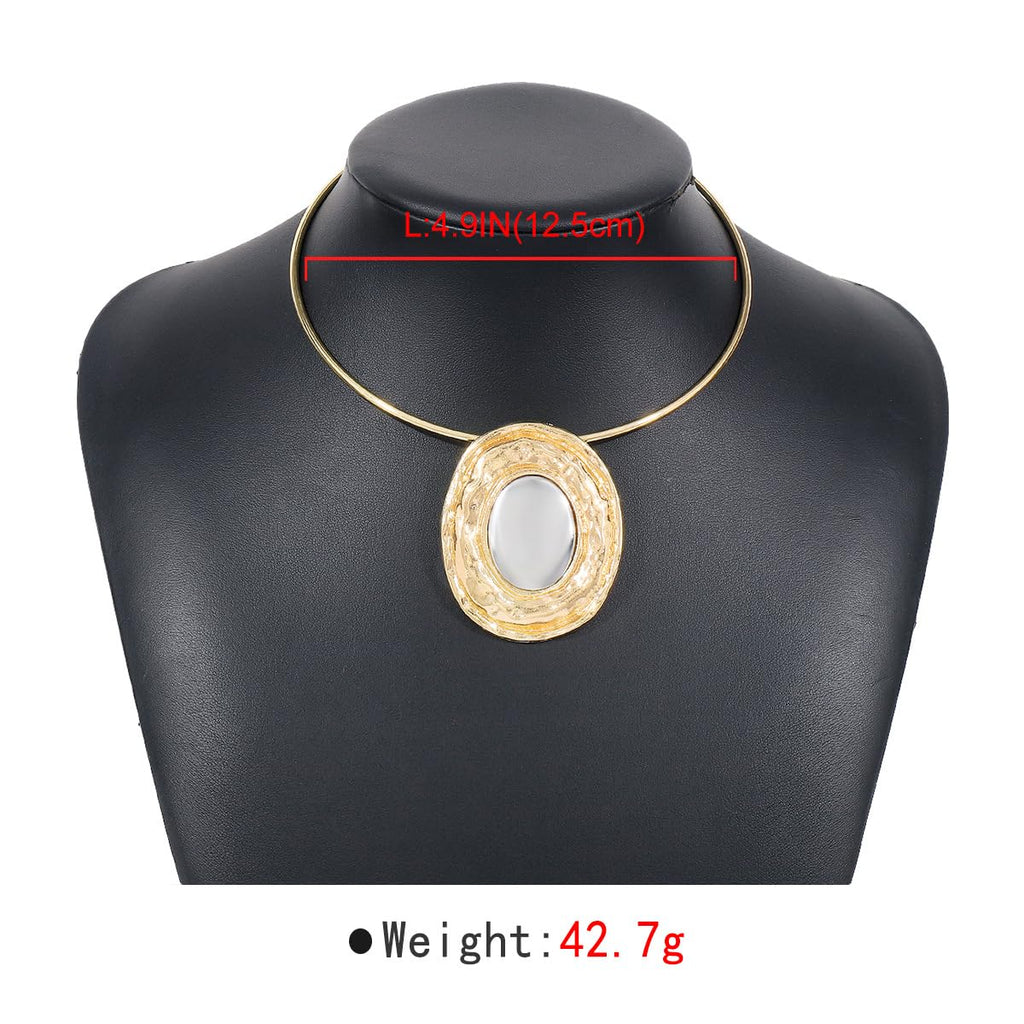 Fashion Chunky Statement Necklaces - African Choker Necklace with Gold Oval Pendant,Tribal Collar Necklace Hammered Metal Jewelry for Women (Gold)