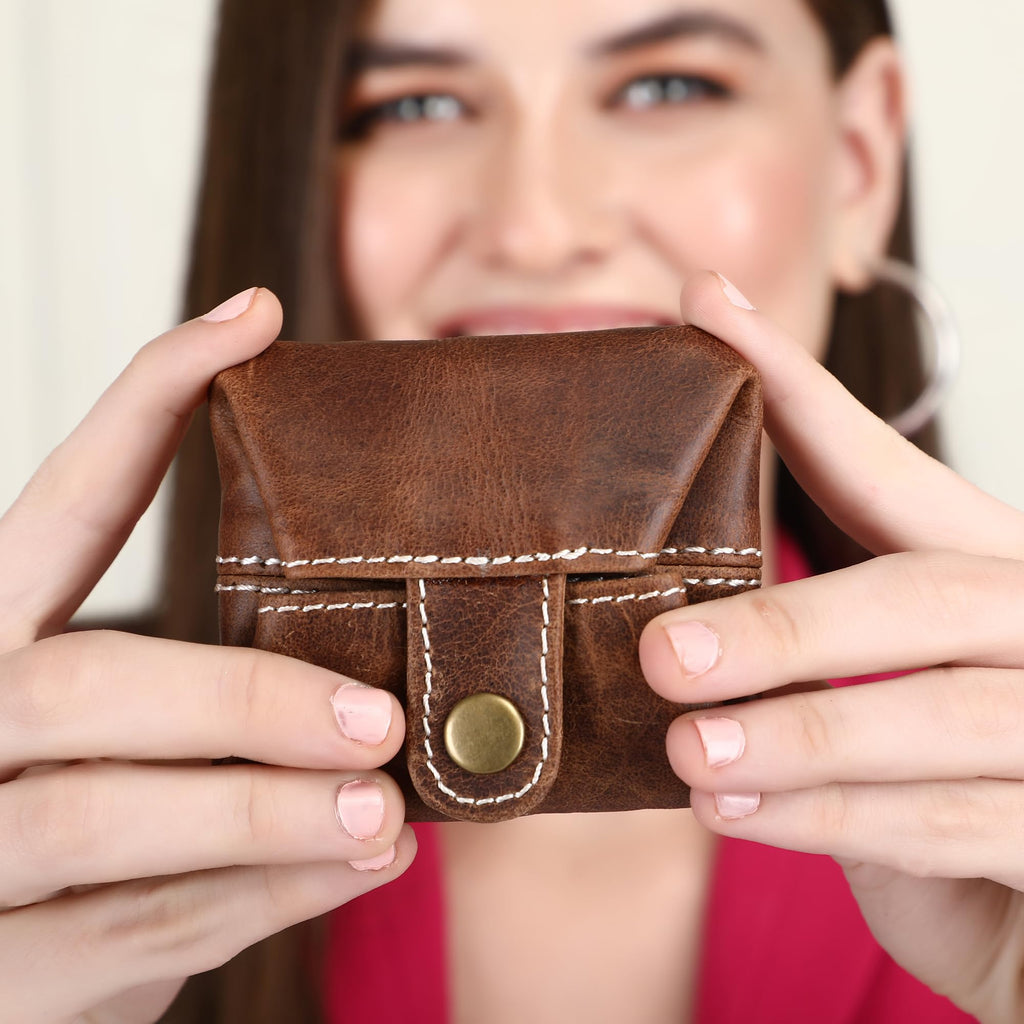 CestAntiQ Leather Coin Pouch | Handmade Full Grain Brown Coin Purse for Men & Women | 3x3 in Vintage Change Holder | Compact Mini Wallet with Snap | Rustic EDC Pocket Ring Pouch Gift for Christmas