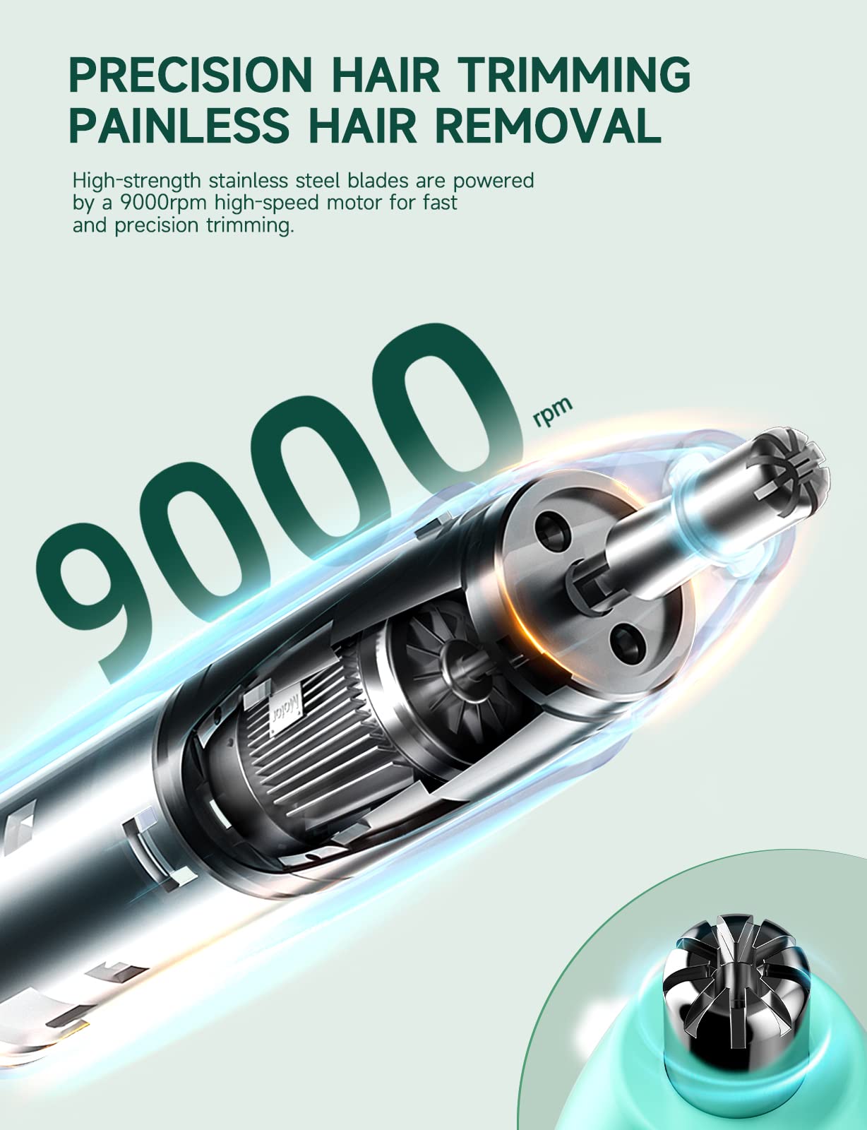 ZORAMI Rechargeable Ear and Nose Hair Trimmer - 2026 Professional Painless Eyebrow & Facial Hair Trimmer for Men Women, Powerful Motor and Dual-Edge Blades for Smoother Cutting Mint Green