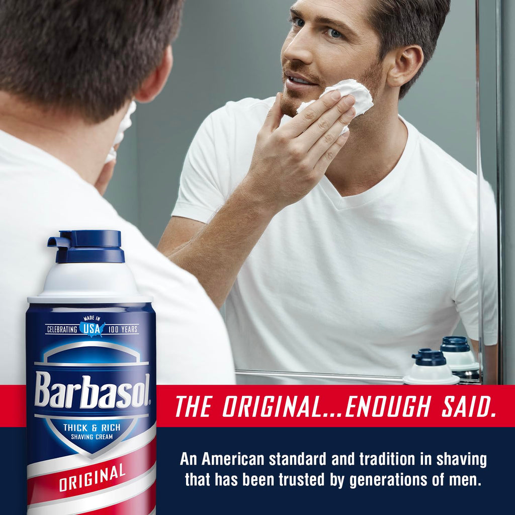 Barbasol Original Thick & Rich Shaving Cream | Shaving Foam for All Skin Types, Thick Instant Lather Protects Skin, Non-Greasy, USA Made, Fresh Scent, 10 OZ (Bulk Pack of 12)