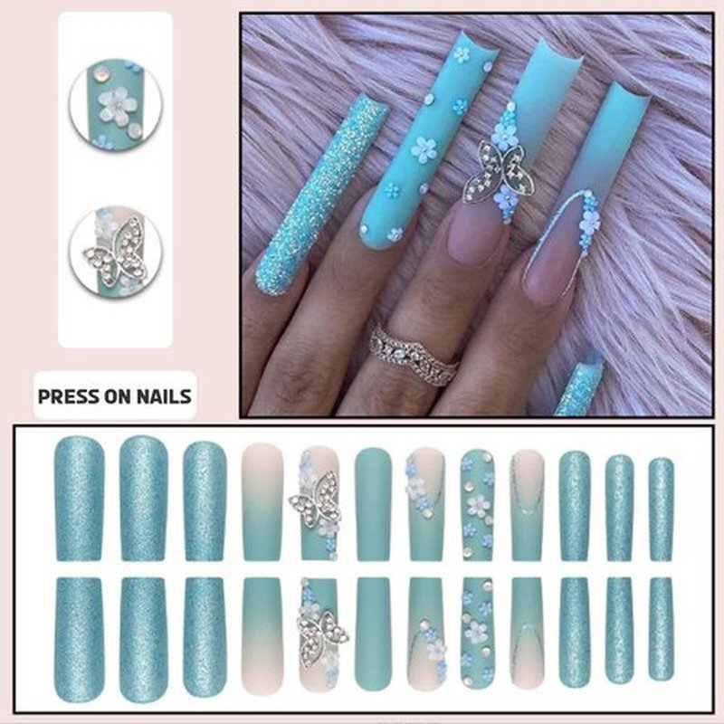 DANMANR Gradient Press on Nails Matte Fake Acrylic Long Blue Nails Square French Full Cover Butterfly Fake Nails for Women and Girls 24PCS