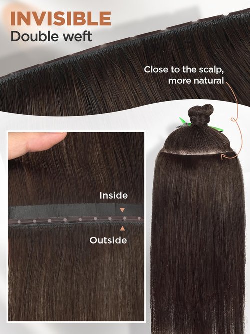 FANCEE Butterfly Genius OVO Weft - Simulated Scalp Human Hair Extensions, Double Invisible Weft with Micro Bead, 100% Remy Human Hair, 14 Inch Brown, 100g (7 Pieces)