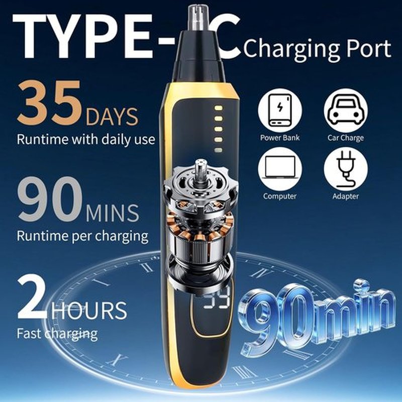 Skiennix Nose and Ear Hair Trimmer - 2 in 1 LED Display, USB Rechargeable, Waterproof, Dual-Edge Blades | Black Gold